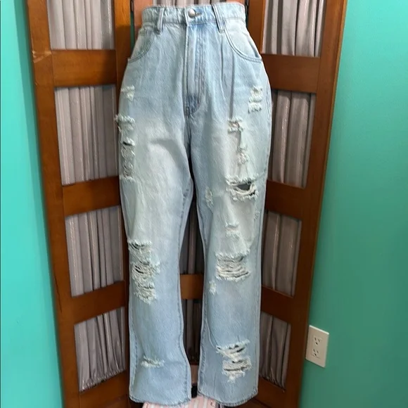 Fashion Nova Blue Straight Leg Jeans with Vintage Distressing - Picture 4 of 16